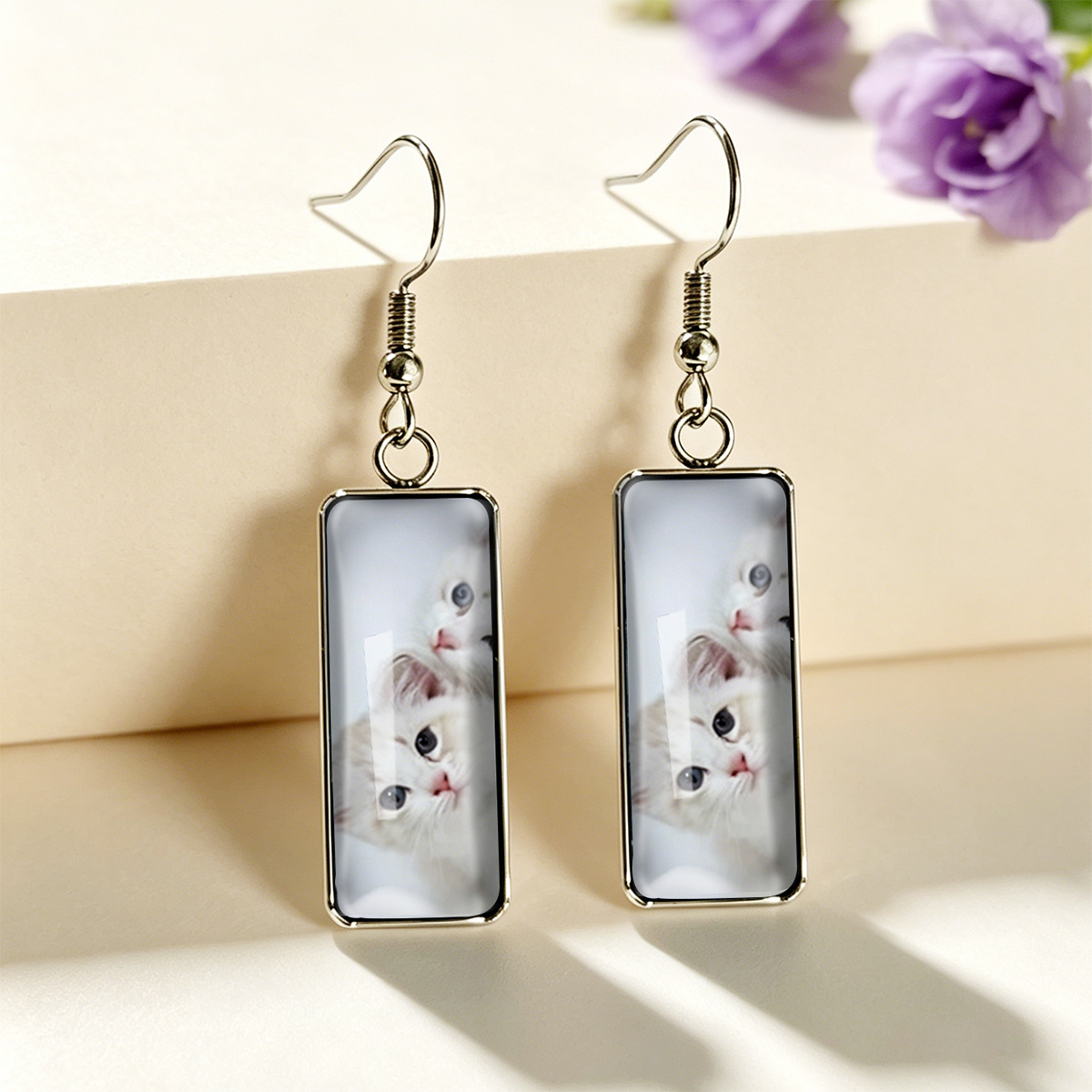 Cute White Kitten Rectangular Ear Hooks, Girly Jewelry